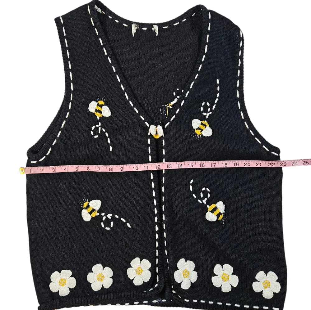 Vintage 90s Bumblebee Daisy Knit Vest Sz XL ? 3D Beaded Boho Grannycore Cottage - Picture 16 of 16